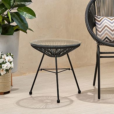 BAOURE Modern Woven Rattan Accent Side Table with Round Tempered Glass Top and Metal Legs