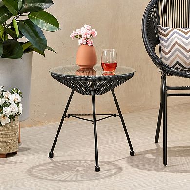 BAOURE Modern Woven Rattan Accent Side Table with Round Tempered Glass Top and Metal Legs