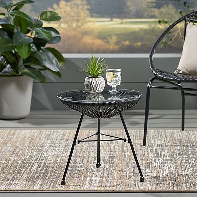 BAOURE Modern Woven Rattan Accent Side Table with Round Tempered Glass Top and Metal Legs