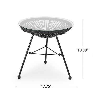 BAOURE Modern Woven Rattan Accent Side Table with Round Tempered Glass Top and Metal Legs