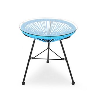 BAOURE Modern Woven Rattan Accent Side Table with Round Tempered Glass Top and Metal Legs
