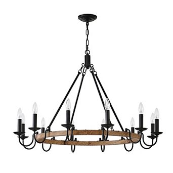 BAOURE Wood and Metal 12 Light 39 Inch Rustic Industrial Farmhouse Wagon Wheel Chandelier