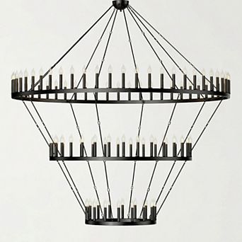 BAOURE Stunning Three Tier Black Metal Wagon Wheel Chandelier For Large Dining Rooms