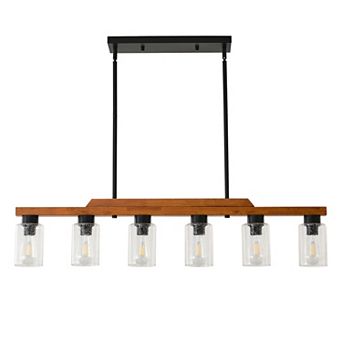 BAOURE Wood and Black Metal 6 Light Kitchen Island Chandelier with Seeded Glass Shades 43 Inch