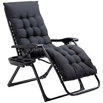BAOURE Black Zero Gravity Folding Lounge Chair with Thick Padded Cushion and Side Cup Holder Tray
