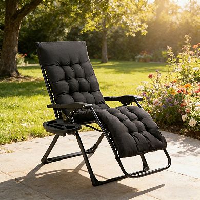 BAOURE Black Zero Gravity Folding Lounge Chair with Thick Padded Cushion and Side Cup Holder Tray