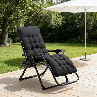 BAOURE Black Zero Gravity Folding Lounge Chair with Thick Padded Cushion and Side Cup Holder Tray