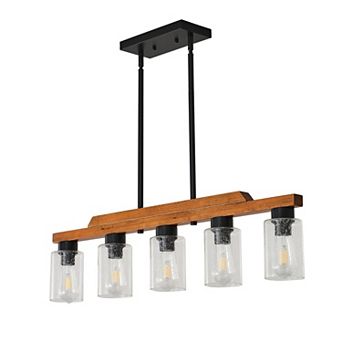 BAOURE Wood and Metal 5 Light Farmhouse Linear Kitchen Island Pendant with Seeded Glass Shades