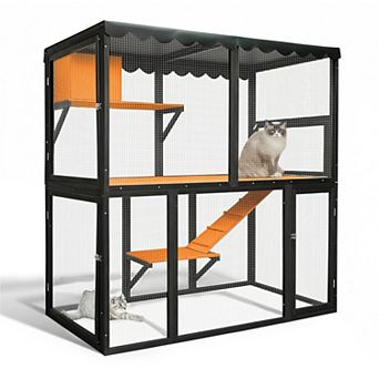 BAOURE Wood 4 tier Large Catio Outdoor Indoor Cat Enclosure For Multiple Cats With Waterproof Cover