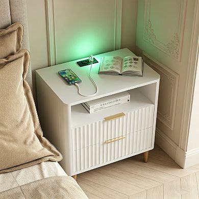 BAOURE Particle Board Smart Nightstand With Charging Station And Voice Controlled Night Light