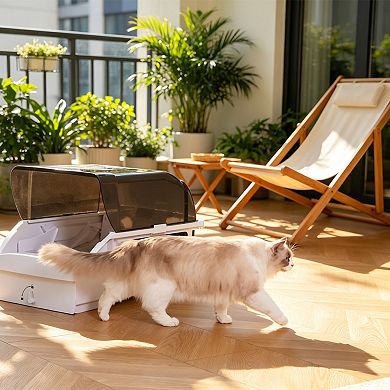 BAOURE ABS Cream White Wide Opening Hooded Automatic Self Cleaning Smart Cat Litter Box With Wifi