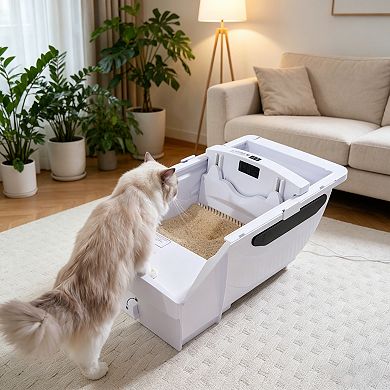 BAOURE ABS Cream White Wide Opening Hooded Automatic Self Cleaning Smart Cat Litter Box With Wifi
