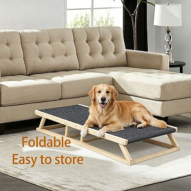 BAOURE Solid Wood Adjustable Foldable Non Slip Dog Ramp For Bed Couch And Car Supports Up To 80 Lbs