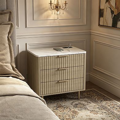 BAOURE Wood Modern Nightstand With Charging Station And Voice Controlled Night Light For Bedroom