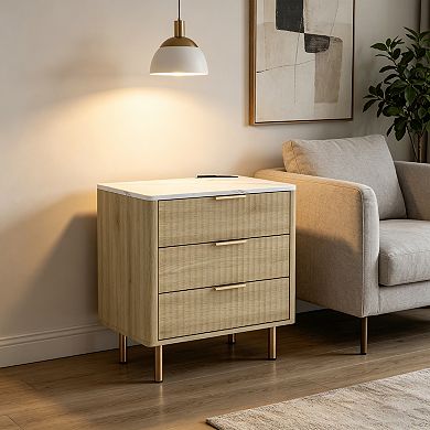 BAOURE Wood Modern Nightstand With Charging Station And Voice Controlled Night Light For Bedroom