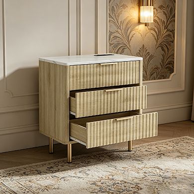 BAOURE Wood Modern Nightstand With Charging Station And Voice Controlled Night Light For Bedroom