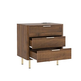 BAOURE Wood Modern Nightstand With Charging Station And Voice Controlled Night Light For Bedroom