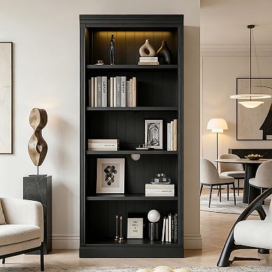 BAOURE Solid Wood and MDF Bookcase with LED Light 5 Tier Adjustable Shelves Storage