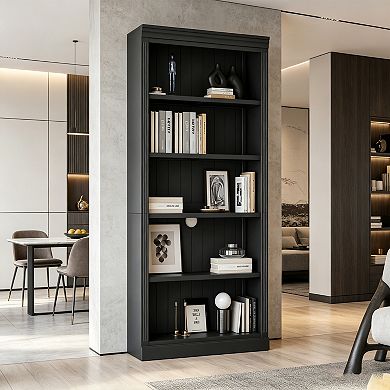 BAOURE Solid Wood and MDF Bookcase with LED Light 5 Tier Adjustable Shelves Storage