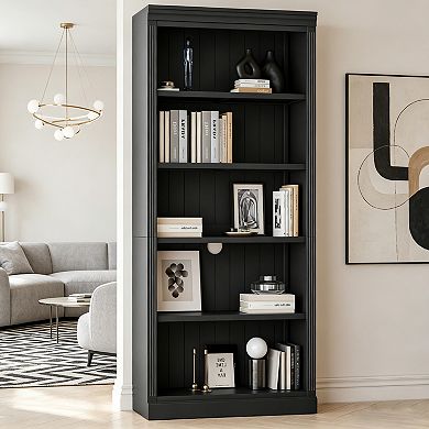 BAOURE Solid Wood and MDF Bookcase with LED Light 5 Tier Adjustable Shelves Storage