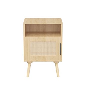 BAOURE Oak Rattan 23 Inch Nightstand Side Table With Open Shelf Solid Wood Legs For Small Spaces
