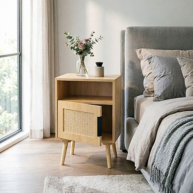 BAOURE Oak Rattan 23 Inch Nightstand Side Table With Open Shelf Solid Wood Legs For Small Spaces