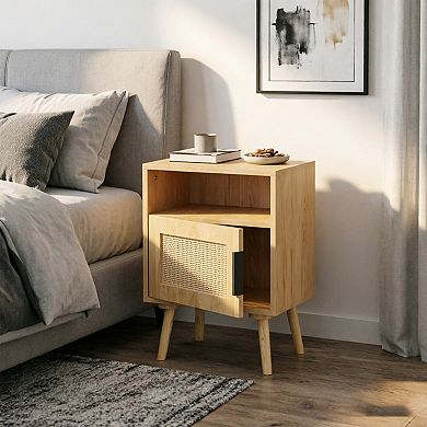 BAOURE Oak Rattan 23 Inch Nightstand Side Table With Open Shelf Solid Wood Legs For Small Spaces
