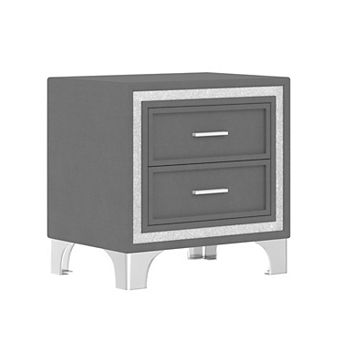 BAOURE Velvet Upholstered Mid Century Vintage 2 Drawer Nightstand With Glitter Strip And Metal Legs