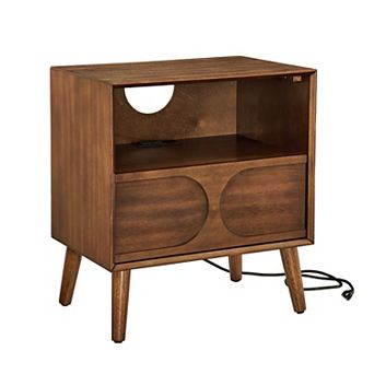 BAOURE P2 MDF Mid Century Modern Walnut Brown Nightstand With Charging Station And Storage Drawer