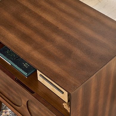 BAOURE P2 MDF Mid Century Modern Walnut Brown Nightstand With Charging Station And Storage Drawer