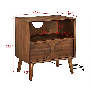 BAOURE P2 MDF Mid Century Modern Walnut Brown Nightstand With Charging Station And Storage Drawer