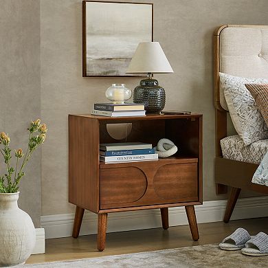BAOURE P2 MDF Mid Century Modern Walnut Brown Nightstand With Charging Station And Storage Drawer
