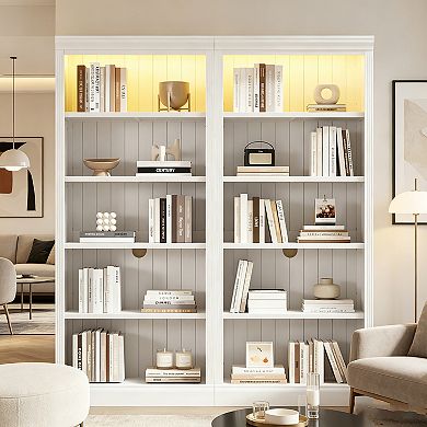 BAOURE Solid Wood and MDF 5 Tier Bookcase Suite with LED Light Adjustable Shelves