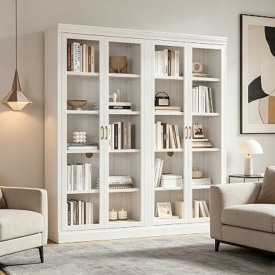BAOURE Solid Wood and MDF 5 Tier Bookcase Suite with LED Light Adjustable Shelves