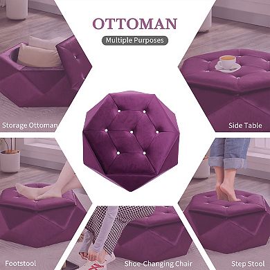 BAOURE Velvet Polygon Diamond Tufted Multi Functional Storage Ottoman Footrest And Seating For Home
