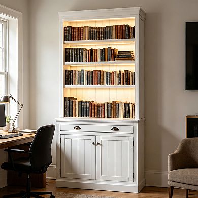 BAOURE Solid Wood MDF Bookcase with LED Lights Drawer and Doors for Home Office