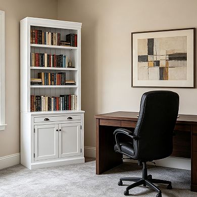 BAOURE Solid Wood MDF Bookcase with LED Lights Drawer and Doors for Home Office