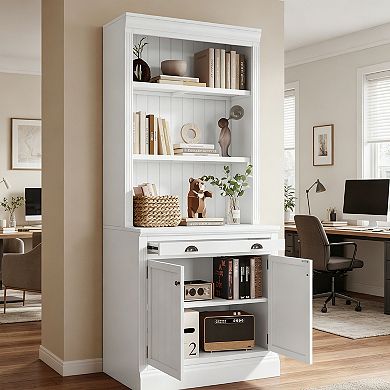 BAOURE Solid Wood MDF Bookcase with LED Lights Drawer and Doors for Home Office