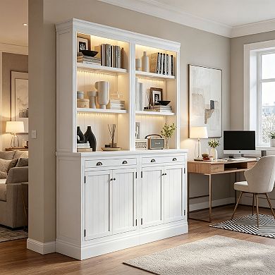 BAOURE Solid Wood And MDF Bookshelf Suite With LED Lighting Drawers And Open Shelves