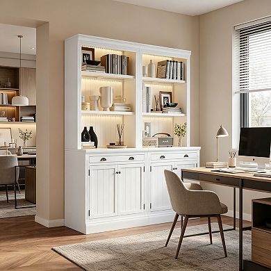 BAOURE Solid Wood And MDF Bookshelf Suite With LED Lighting Drawers And Open Shelves