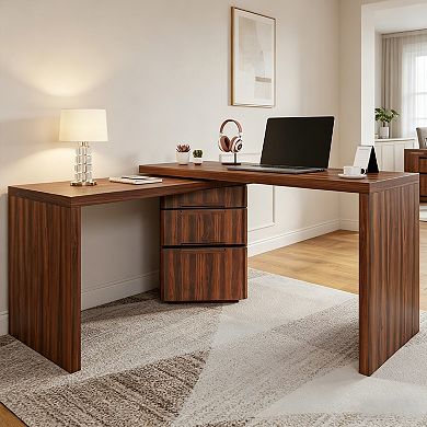 BAOURE MDF L Shaped Rotating Executive Desk with 3 Drawers for Home Office and Study