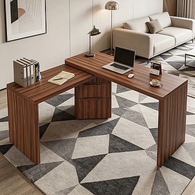 BAOURE MDF L Shaped Rotating Executive Desk with 3 Drawers for Home Office and Study