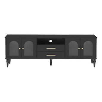 BAOURE MDF and Solid Wood Retro TV Stand Holds 75 Inch TVs with Fluted Glass Doors