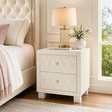 BAOURE Velvet Two Drawer Nightstand with Button Tufting and Crystal Handles