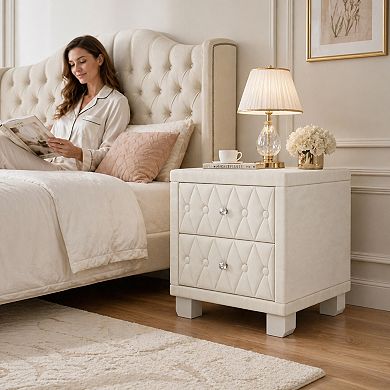 BAOURE Velvet Two Drawer Nightstand with Button Tufting and Crystal Handles