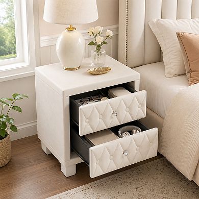BAOURE Velvet Two Drawer Nightstand with Button Tufting and Crystal Handles