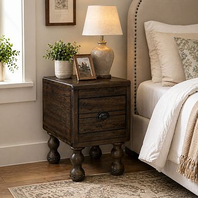 BAOURE Solid Pine Wood Vintage End Table with Storage Drawer Easy Assembly for Home