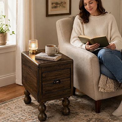 BAOURE Solid Pine Wood Vintage End Table with Storage Drawer Easy Assembly for Home