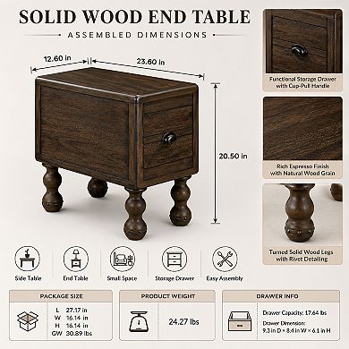 BAOURE Solid Pine Wood Vintage End Table with Storage Drawer Easy Assembly for Home