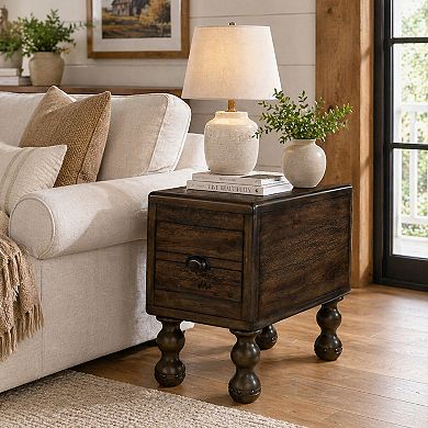 BAOURE Solid Pine Wood Vintage End Table with Storage Drawer Easy Assembly for Home